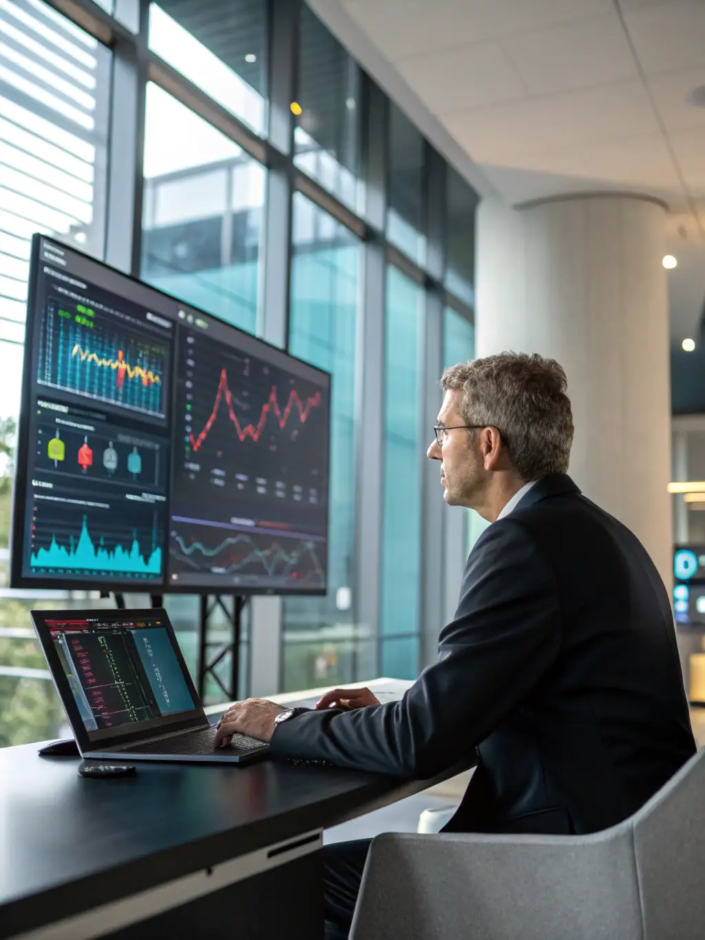 An image showing a small business owner analyzing digital marketing dashboards with AI analytics tools, showcasing AI-Driven Marketing Strategies.