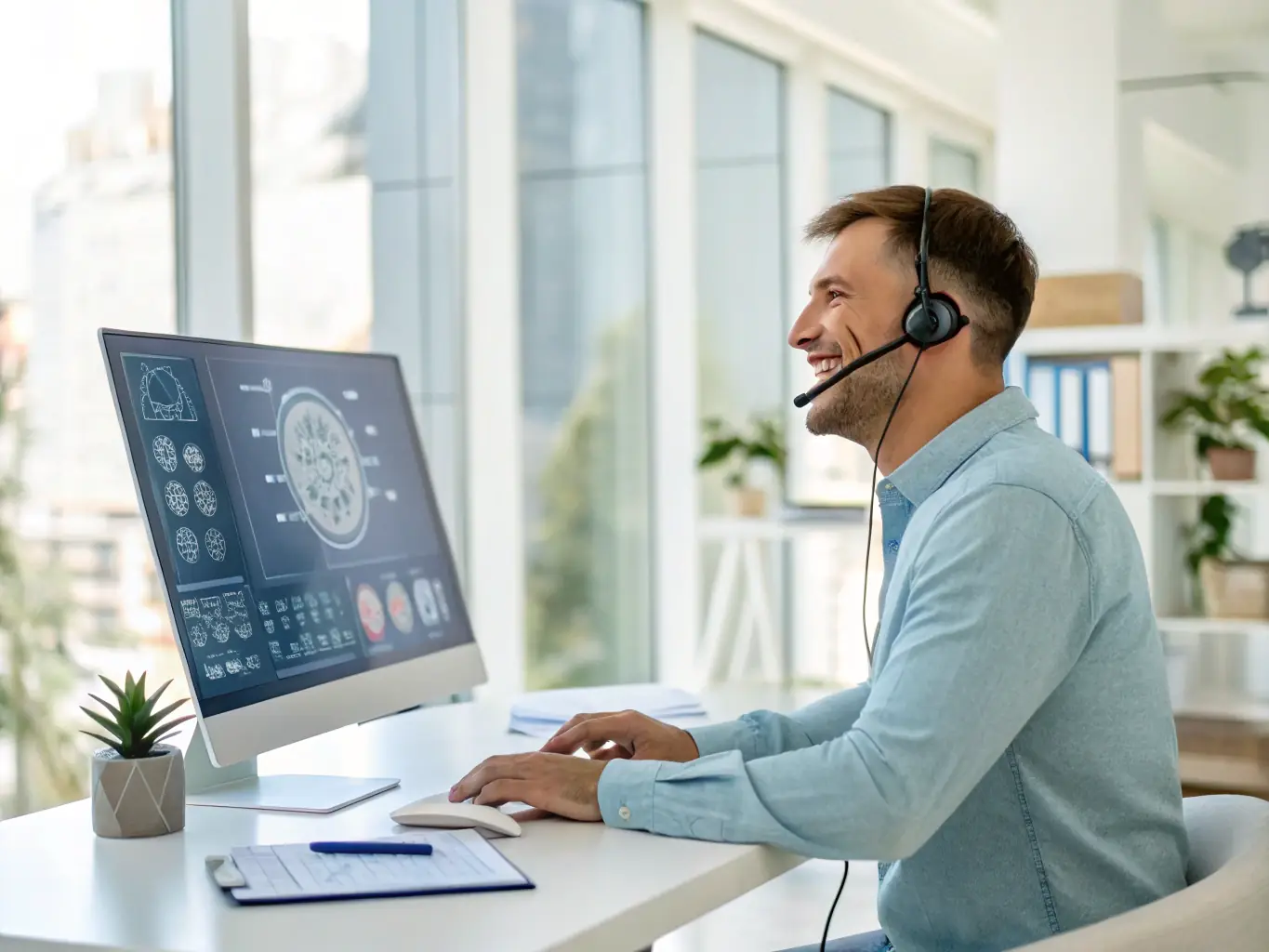 A visually engaging image depicting a customer service representative using AI-driven tools to provide personalized support and enhance customer satisfaction.