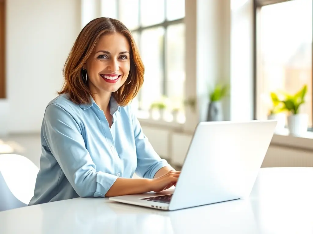 A consultant from TRU VANTAGE is sitting at a desk, smiling and pointing at a dashboard on a computer screen, explaining AI-driven marketing strategies to a small business owner.
