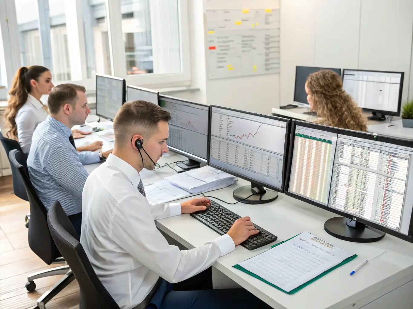 An office environment where employees are using a payroll management system on their computers. The atmosphere is professional and focused, highlighting the efficiency and accuracy of the payroll system.