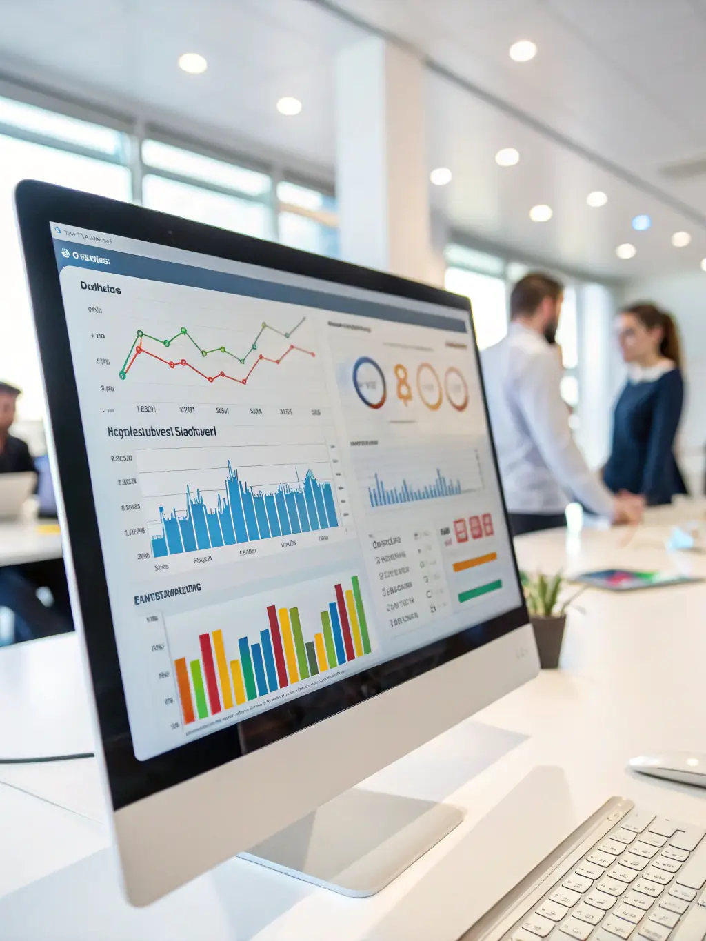 A clean, modern dashboard displaying key performance indicators (KPIs) related to various business operations, showcasing the integrated solutions offered by a business transformation consulting agency.
