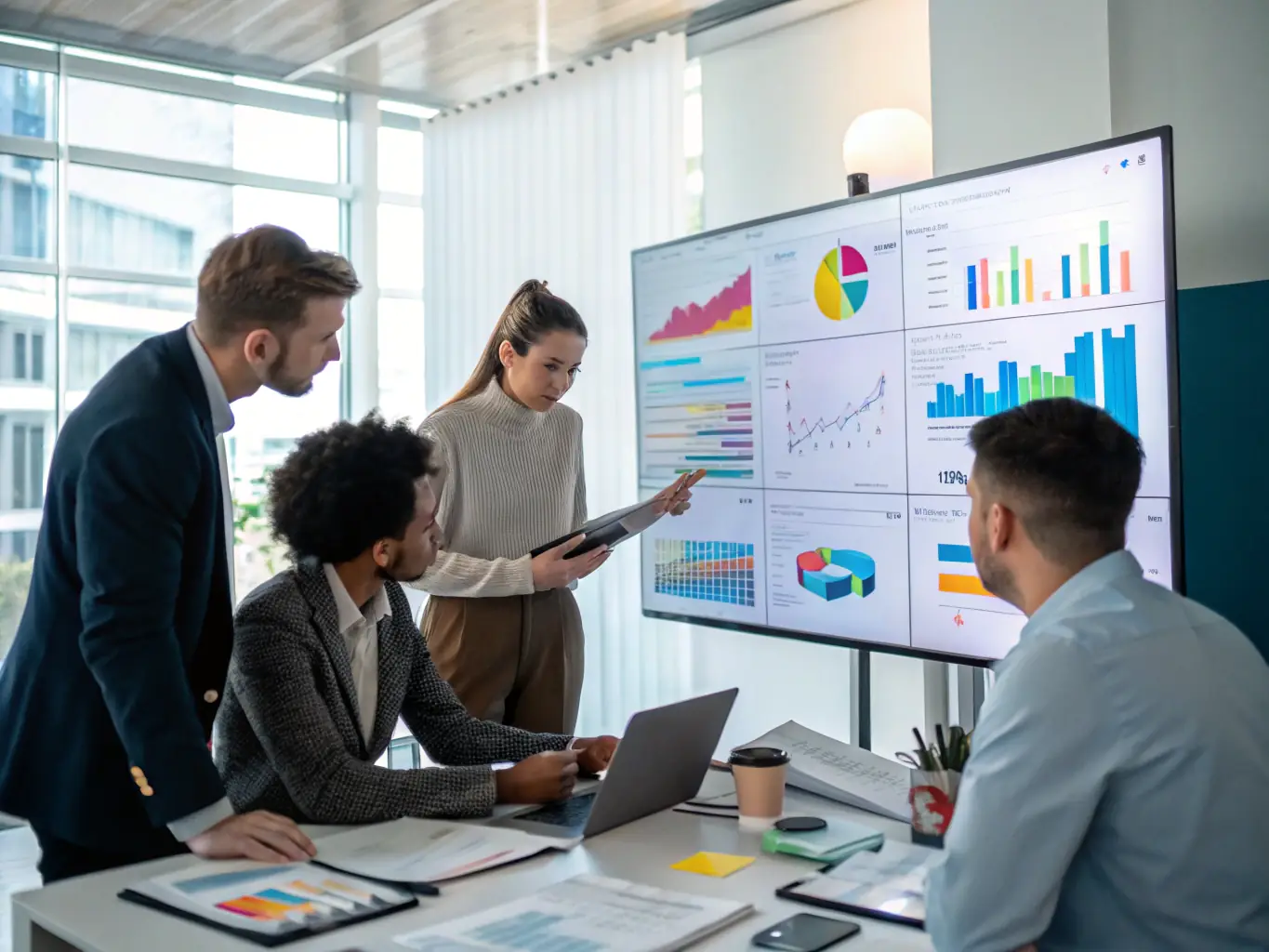 A vibrant image showcasing a diverse team collaborating on marketing strategies, using AI-powered analytics dashboards to optimize campaigns and enhance customer engagement.