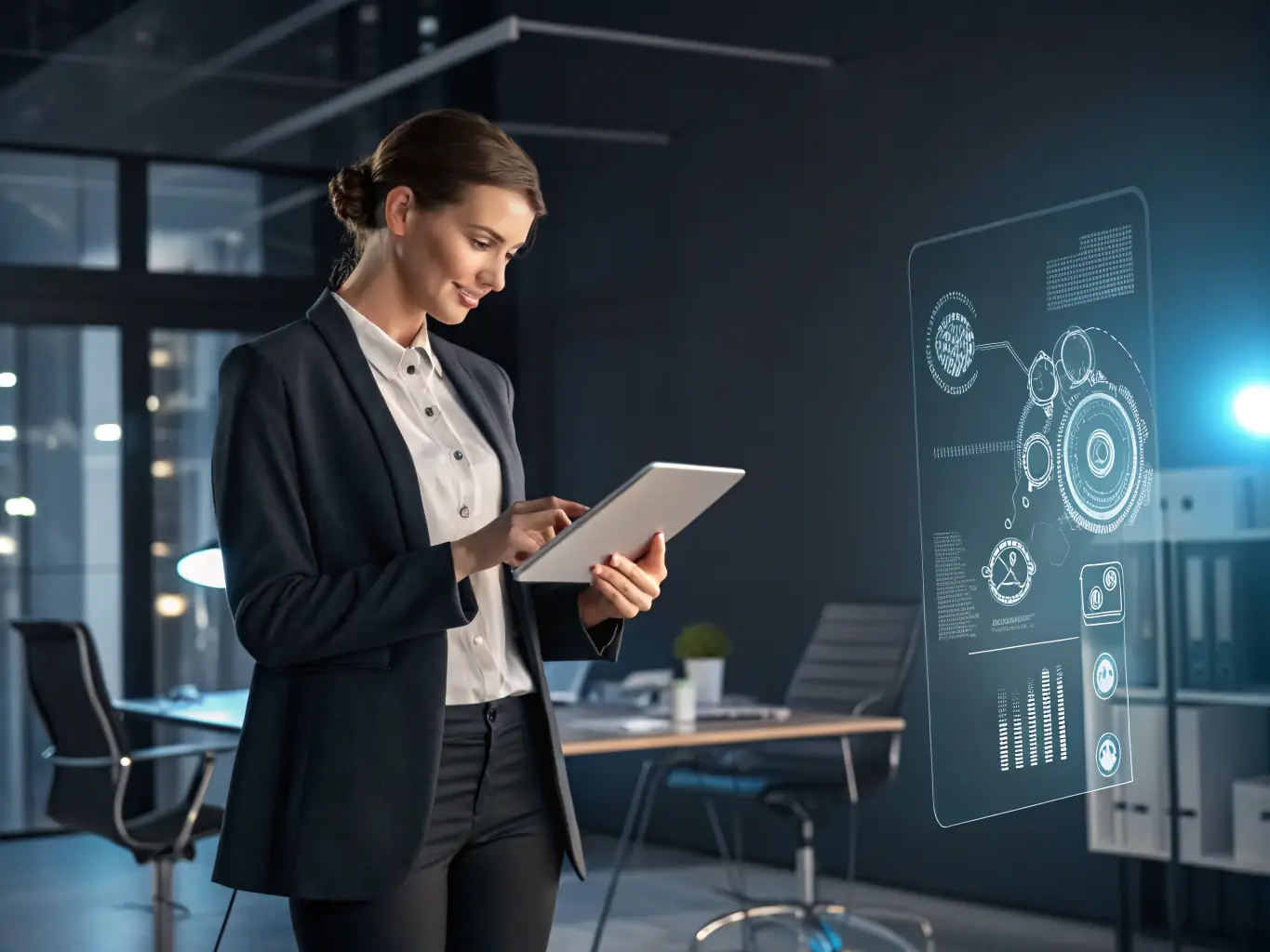 A professional setting showing a consultant from TRU VANTAGE presenting AI-driven marketing strategies to a small business owner, emphasizing personalized solutions.