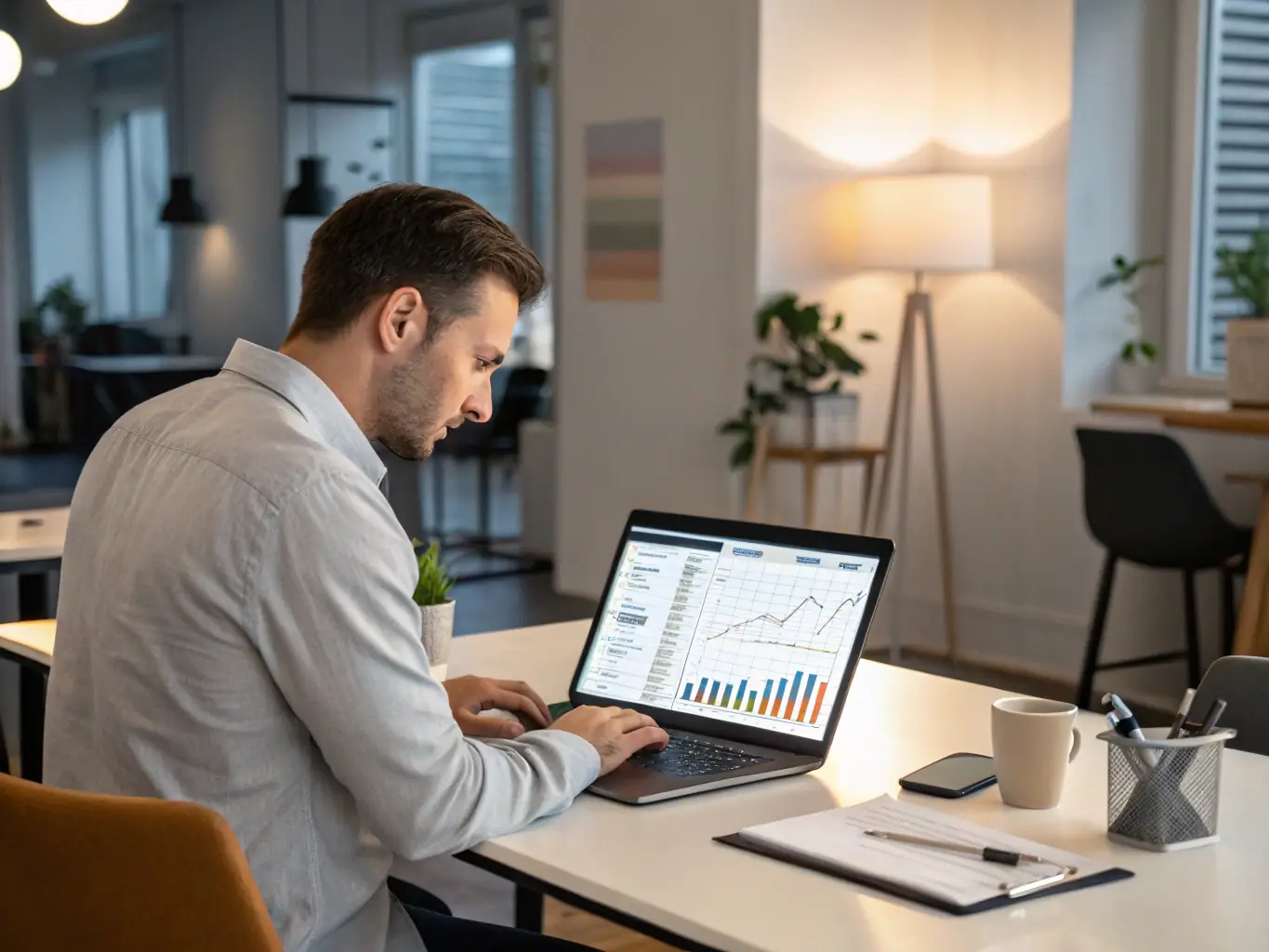 An image of a business owner reviewing real-time inventory data on a tablet, highlighting the benefits of AI-based inventory management.