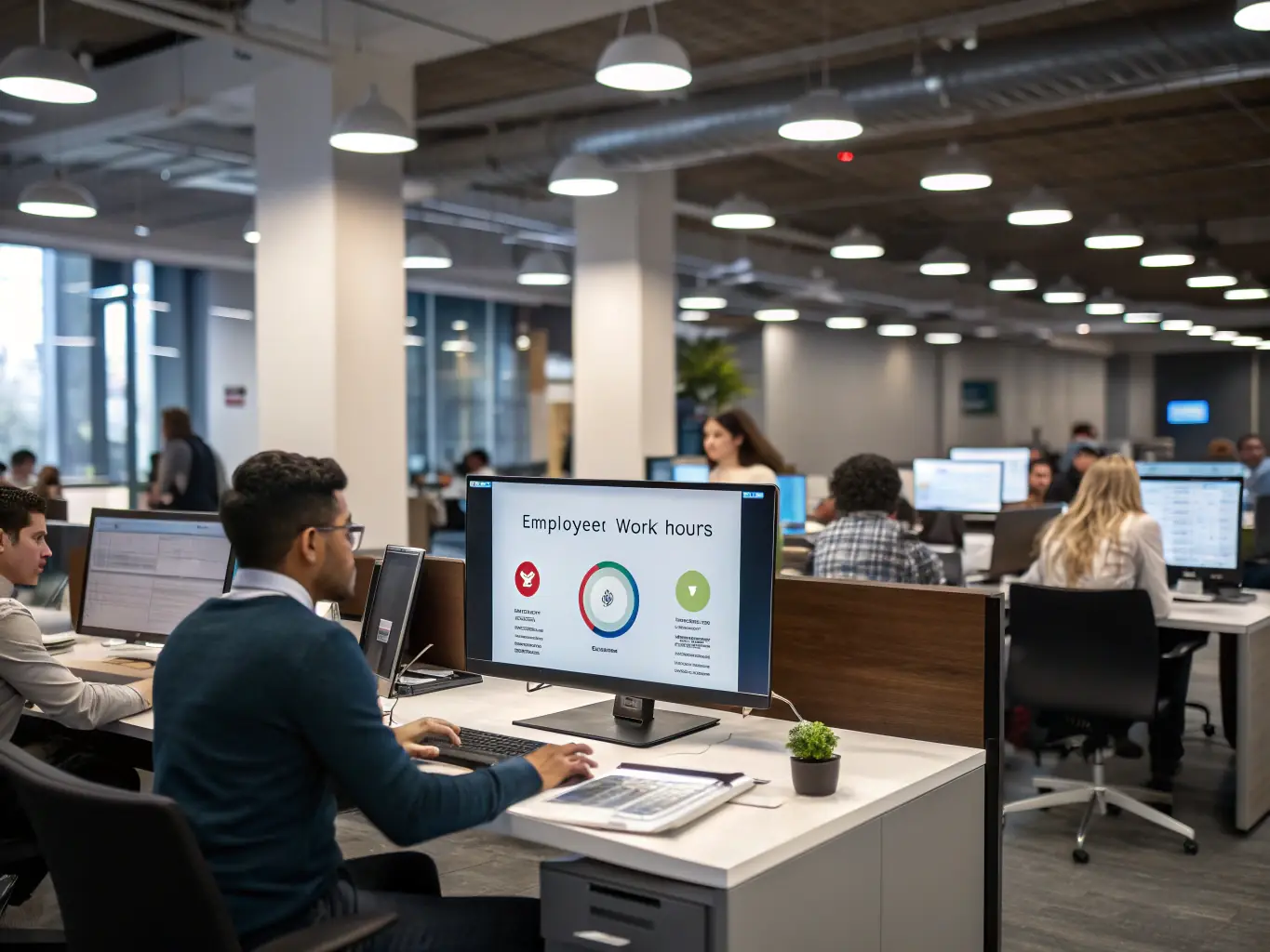 A modern office setting with employees using a digital time clock system. The system is displayed on a tablet, showing employee attendance and work hours. The scene emphasizes efficiency and accuracy in time tracking.