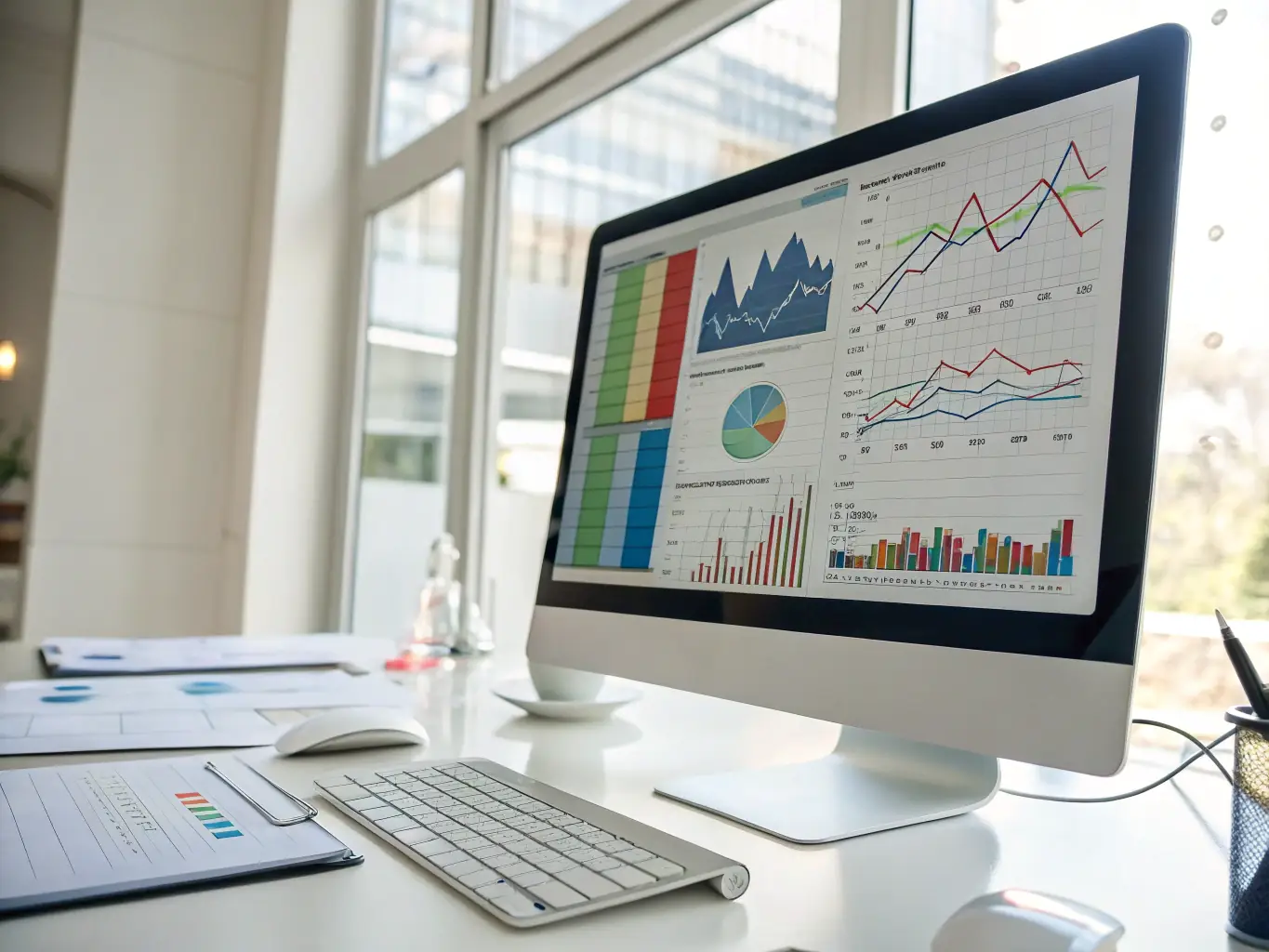 A professional workspace featuring a modern laptop displaying automated bookkeeping software, with charts and financial data visible on the screen. The setting is bright and clean, suggesting efficiency and technological advancement.