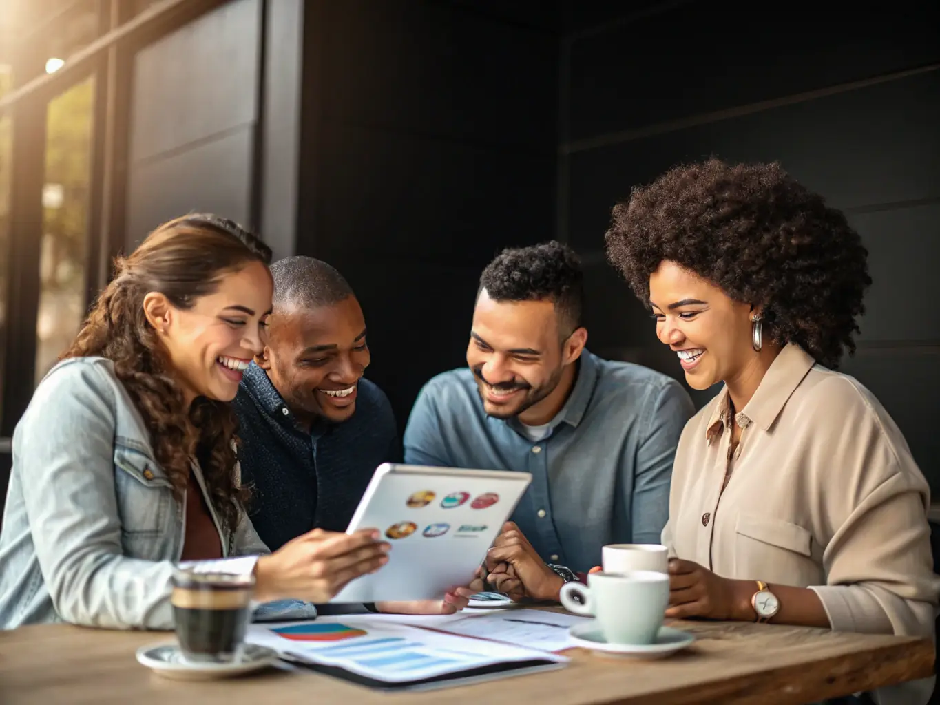 A group of small business owners are networking at a TRU VANTAGE event, exchanging business cards and discussing AI solutions.