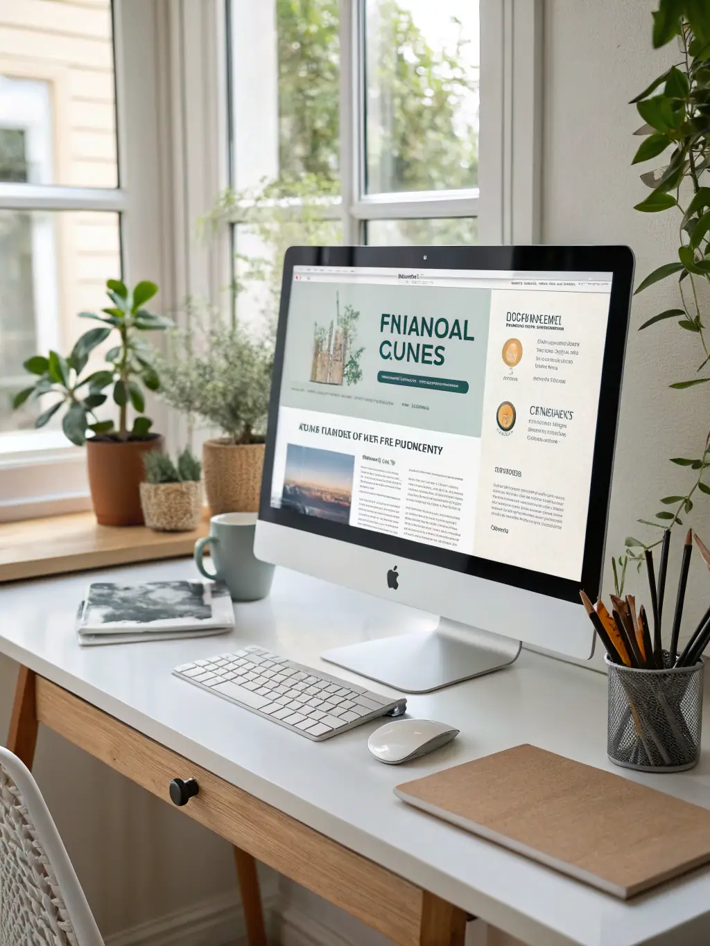 A brightly lit office with a modern computer displaying automated bookkeeping software, showing charts and graphs, emphasizing efficiency and accuracy in financial tracking for a business transformation consulting agency.