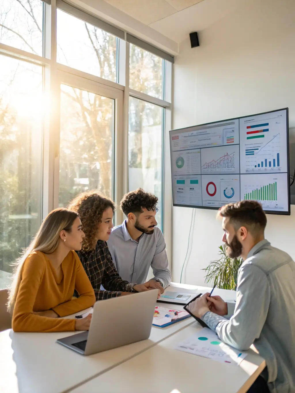 A diverse team collaborating around a large screen displaying a payroll management system interface, highlighting features like automated tax calculations and direct deposit options for a business transformation consulting agency.