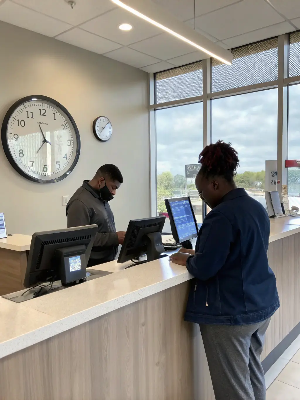 An employee clocking in using a biometric time clock system, integrated with payroll software, showcasing efficient tracking of employee hours and attendance for a business transformation consulting agency.